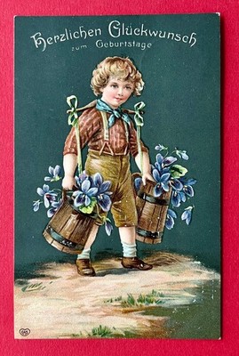Embossed Print Congratulations Postcard BIRTHDAY 1909 Child with Bucket Flowers (160563