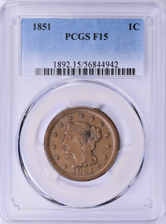 1 Of Only 32 Graded PCGS F-15 BN 1851 Braided Hair Cent