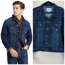 Goodfellow & Co. Men's Monticello Wash Denim Trucker Jacket in dark blue. Mens L