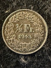 1943 B Switzerland 1/2 Franc GREAT 83.5% SILVER COIN! SHIPS FREE! KM# 23 (2)