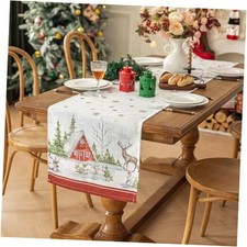 Christmas Table Runner   in Snow, 18  x70  inches Long, Winter Small Red Cabin
