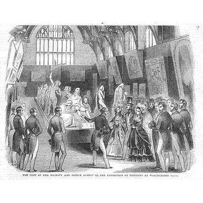 Queen Victoria Besuch der Ausstellung in der Westminster Hall - antiker Druck 1844