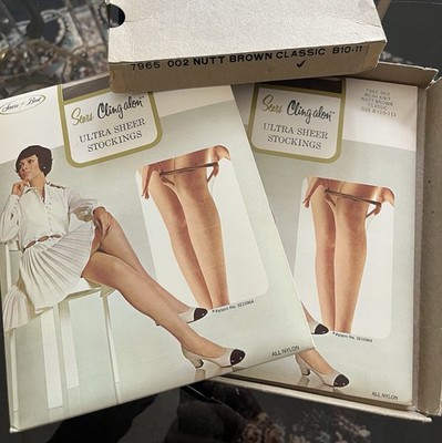 Two Vintage Sears Cling Alon Sheer Stockings Nutt Brown Classic   Sz B 10-11 NOS