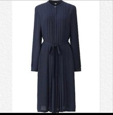 Uniqlo Navy Pleated Midi Dress Long Sleeve Ribbon Waist Used