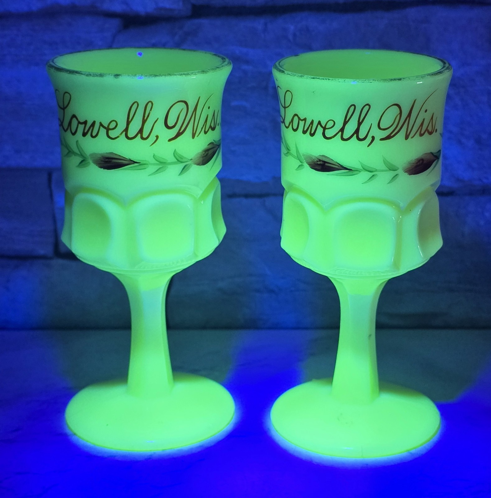 Lot of 2 Victorian Era Custard Glass Uranium Souvenir Goblet Lowell Wisconsin 