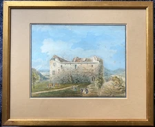 Watercolour One Castle 19JH With Menschen And Field Path Clouds Wer White Where?