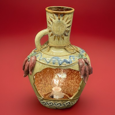 Vtg Mexican pottery Water Jug style Table top lamp 8 3/4  Sun And Peppers