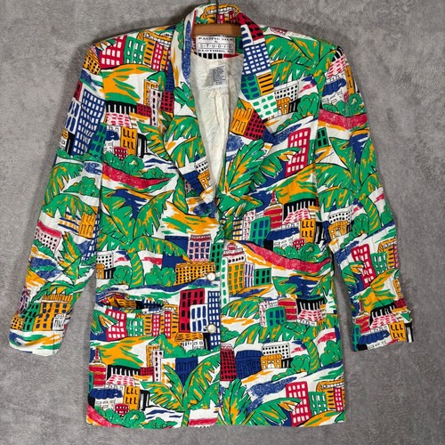 Pacific Silk Studio Womens Vintage Silk Blazer Tropical Cityscape Print Size 6