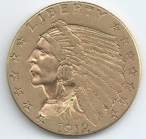 1912 United States US $2.50 Indian Head Gold Quarter Eagle Coin  Authentic AU/MS