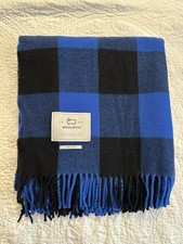 NWT Woolrich Blue Buffalo Check Plaid Wool Blanket Fringe Throw Made In Italy