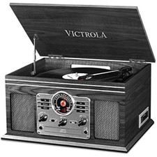 Elegant Grey Wood 6-in-1 Turntable with Bluetooth, FM Radio, and Cassette Player