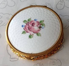 Pink Rose Flower White Powder Compact Gold Mesh Vintage with Puff
