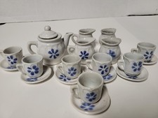 Vintage 20 Pc Blue Cornflower Handpainted Stoneware Child's Doll House Tea Set