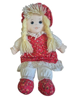 Stoffpuppe Rag Doll 50 cm blonde Zöpfe Kleid Deko Puppe Vintage
