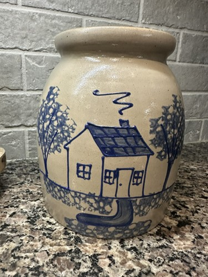 #ad vtg BBP Beaumont Brothers Pottery salt glazed crock vase blue Country House 97” $37.99