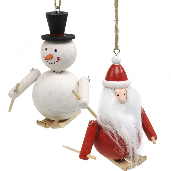Christbaumschmuck Holz Weihnachtsmann Schneemann Ski Deko Set 11Cm 2Er-Set-image