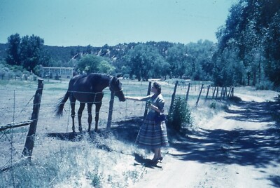 1950's Slide Woman Western Style Dress Heals Petting Horse Rural Road Red Border