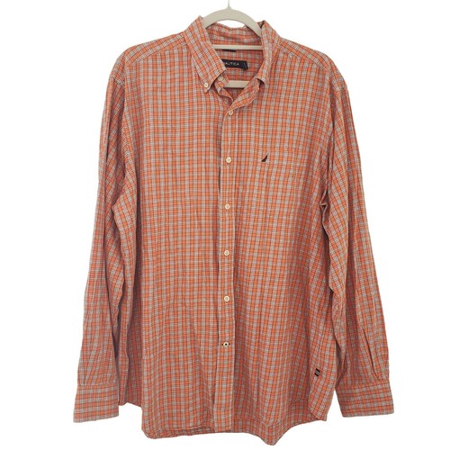 Nautica Mens Orange Button Down Shirt Size L Plaid Long Sleeve eBay