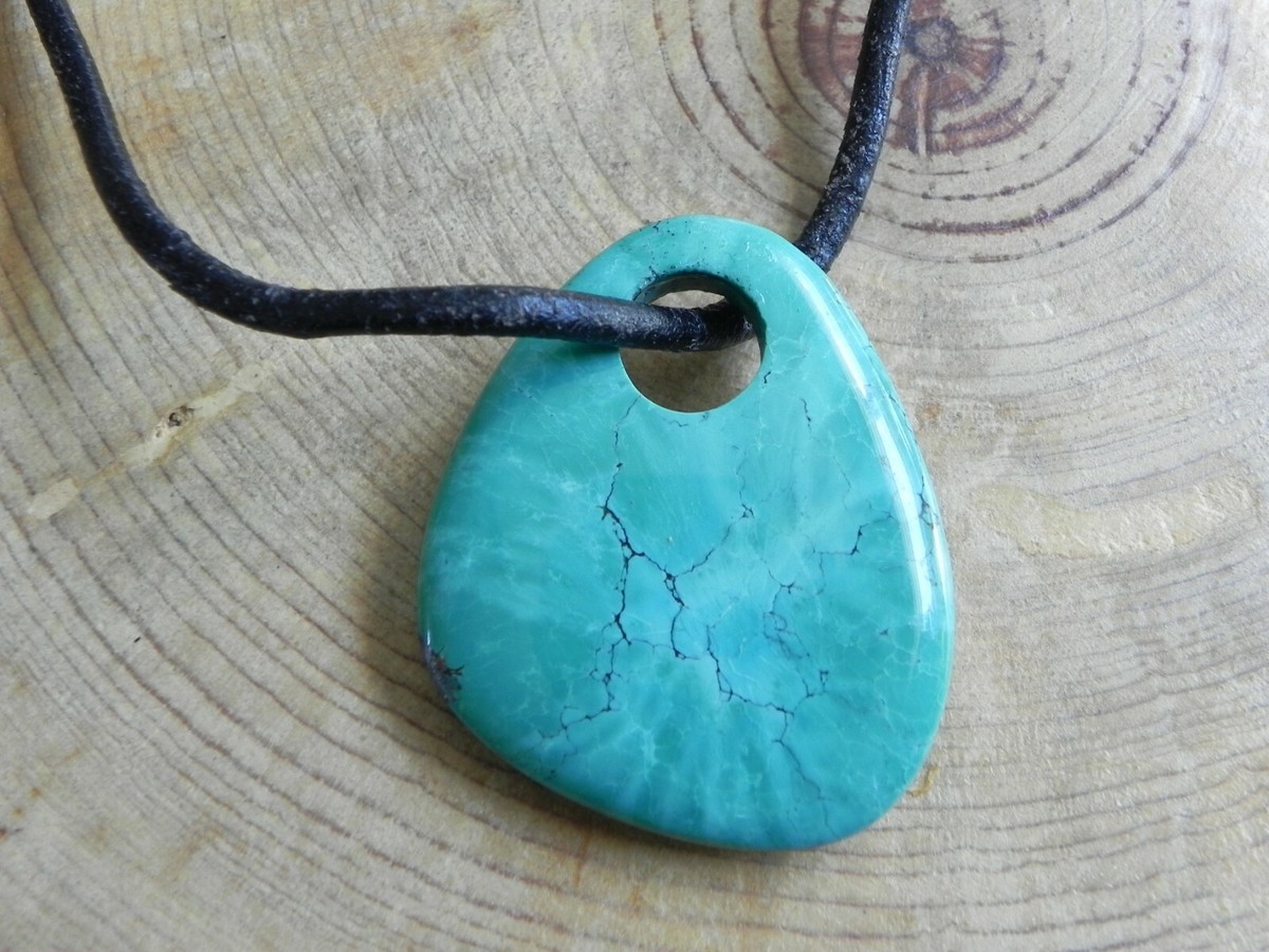 Large Turquoise Pendant on Black Leather Sterling Silver
