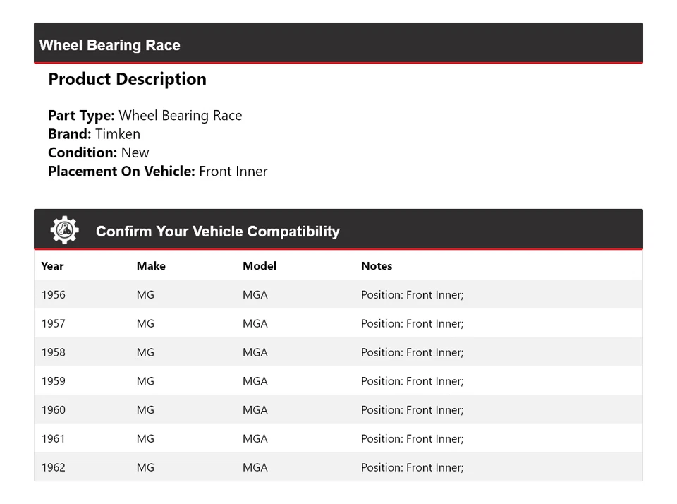 Cojinete de rueda interior delantero de carrera para 1956-1962 MG MGA Timken 1957 1958 1959 1960 Foto 2 de 4