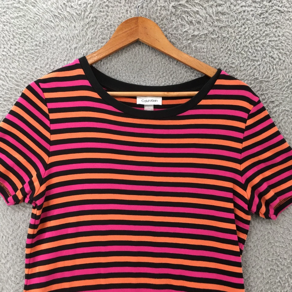 Calvin Klein 迷你连衣裙女式 L 多色条纹棉质短袖休闲 — 第 2/4 张图片