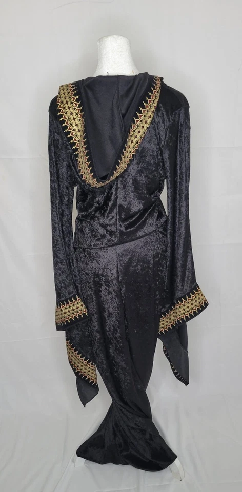 Rubies Black Crush Velvet Hooded Dress Gold & Red Trim Medieval Gothic Cosplay - Image 4 of 4