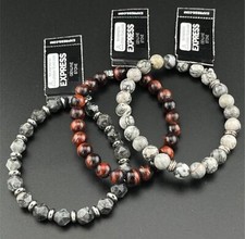 Express 3-Piece Semi-Precious Gemstone Bracelet Set Round Beaded Stretch NWT
