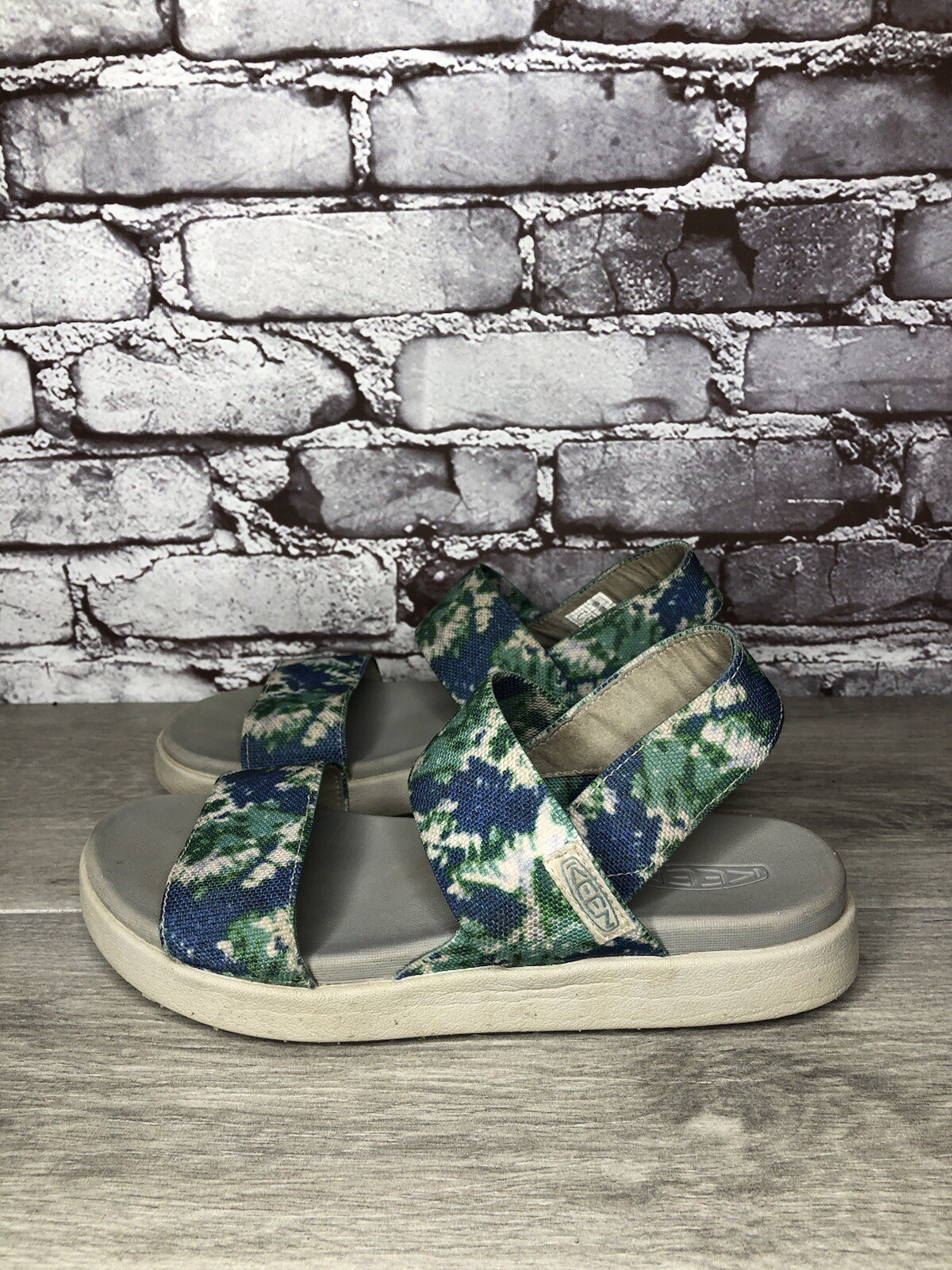 Sandali Keen blu verde tessuto plateau zeppa cinturino alla caviglia donna taglia 7M US 38EU