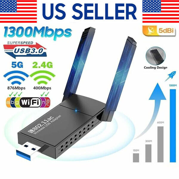 High-Speed USB 3.0 WiFi Adapter 1300Mbps Dual Band Long Range Wireless Dongle