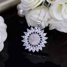 2Ct Round Cut Simulated Diamond Sunflower Pendant Necklace 14k White Gold Plated