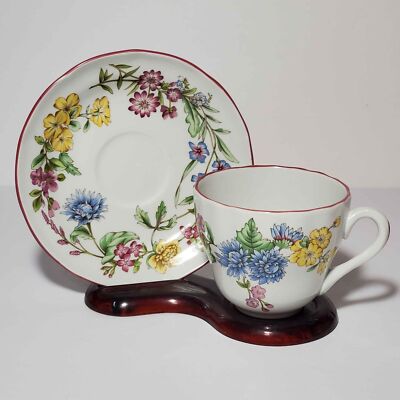 Spode Teacup and Saucer Romany Pink Blue Yellow Flowers