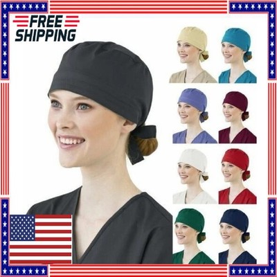 Surgical Scrub Cap Doctor Nurse Kitchen Cotton Hat  with Sweatband Adjustable US