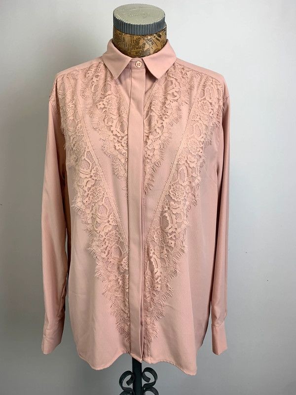 Topshop Peach Pink Lace Front Long Sleeve Button-Up Blouse Size 12