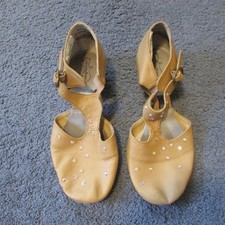 Revolution 9 Tan Rhinestones Dance Jazz Shoes Leather Buckle Strap 1" Heel