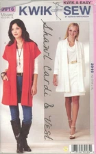 Kwik Sew 3916 Shawl Cardi & Vest w Extended Shoulder, Pockets Sz XS-XL UNCUT