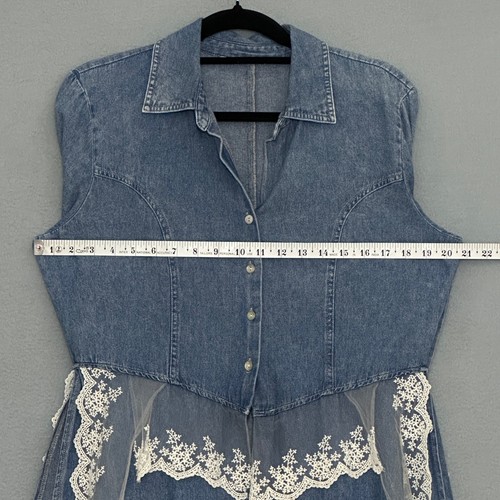Given Kale Women Top L Blue Denim Lace Ruffle Western Cowgirl Glam Boho Festival - Picture 9 of 14