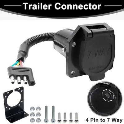 Flat 4 Pin to 7 Way Round RV Trailer Truck Wiring Adapter Plug Mounting Bracket