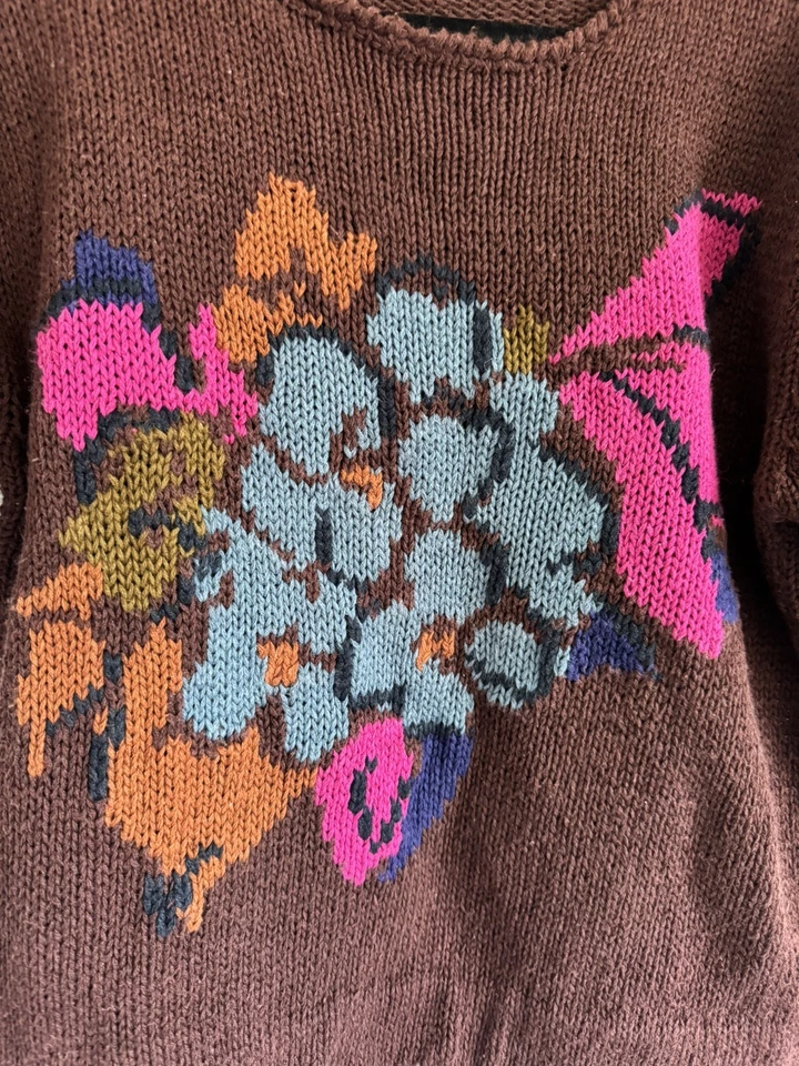 Suéter Tejido Floral Marrón Algodón Ramie Mediano De Colección Años 80 JH Coleccionables Para Mujer Foto 4 de 4