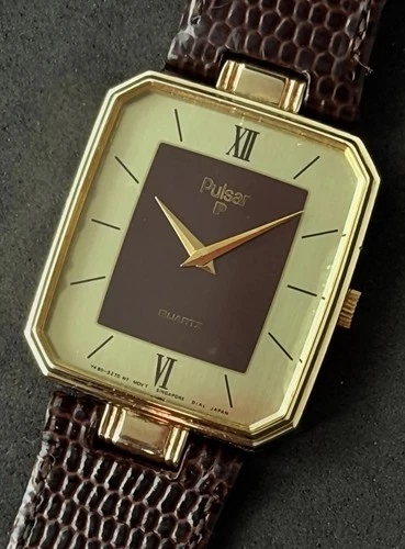 Vtg New 1982 PULSAR Seiko Tank Men’s 36mm Quartz Watch Gold Case Dial Leather