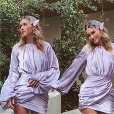 House of CB Kate Orchid Satin Front Wrap Mini Dress Purple Womens XL