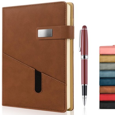 A5 Lined Leather Journal with Pen, 240 Pages Refillable Paper, Brown