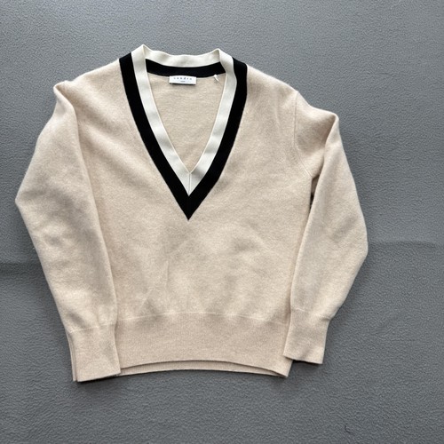 Sandro Sweater Womens 1 Beige Wool Cashmere V-Neck Pullover Contrast Trim Knit
