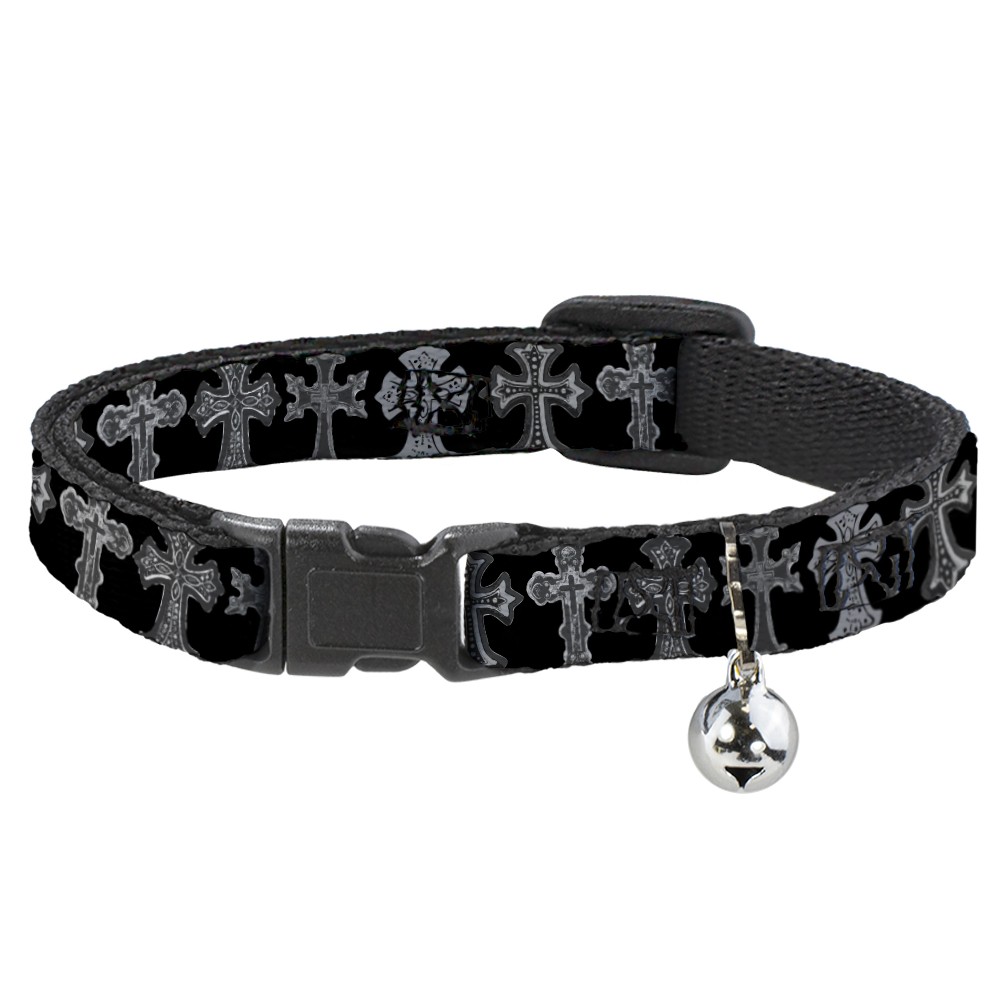 Cat Collar Breakaway with Bell Elegant Crosses Black/Grays NARROW Fits 8.5-12