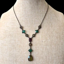 Vintage Avon NR Victorian Revival Y Necklace Green Purple Stones Brass Tone 16"