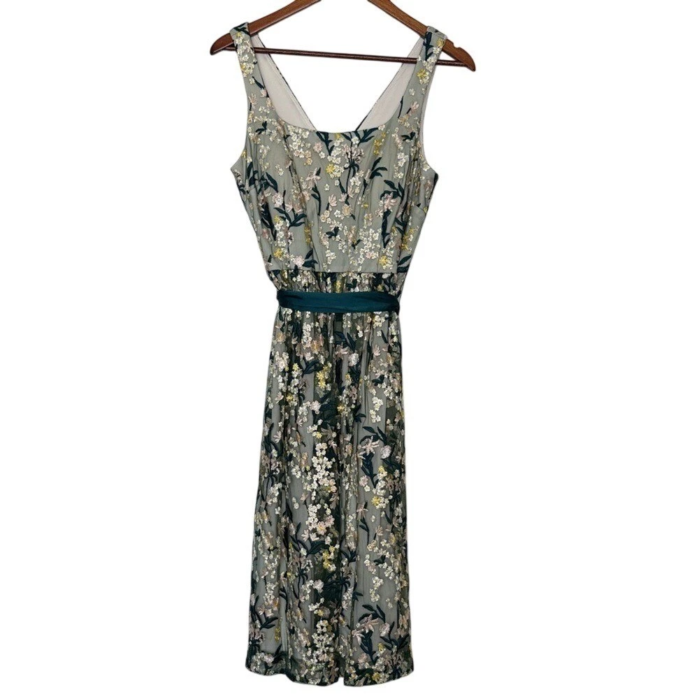 js collections floral embroidered dress Js Collections Crew Neck Long Sleeve Embellished Ruched Waist Flutter Keyhole Back Mesh Gown