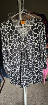 RUBY RD Womens Large Black White Polka Dot Ring Accent 3/4 Sleeve Top Blouse
