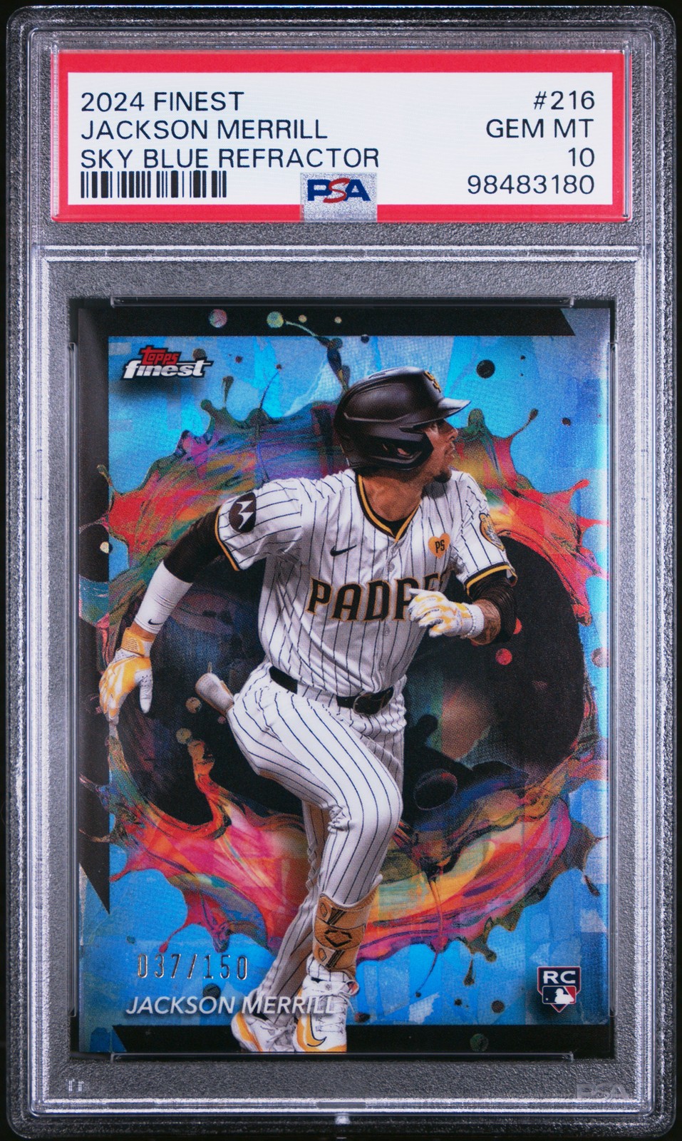 2024 TOPPS FINEST SKY BLUE REFRACTOR #216 JACKSON MERRILL 37/150 PSA 10