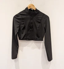 Shein Ladies Cropped High Neck Top Size Medium Black Long Sleeves Front Zip VGC 