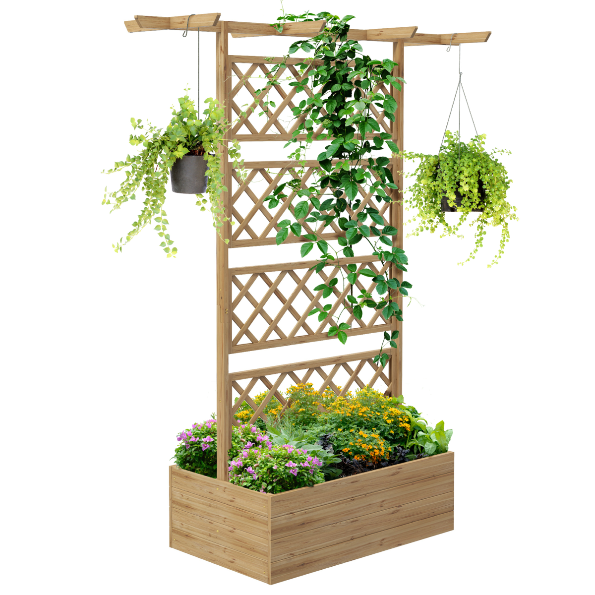 Outsunny Wooden Trellis Planter Raised Garden Bed for Climbing Plants - Natural