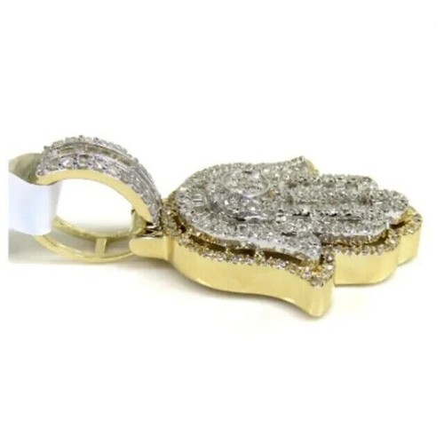 14K White Gold Plated Silver Hamsa Hand Pendant 2Ct Baguette Lab Created Diamond - Picture 2 of 5
